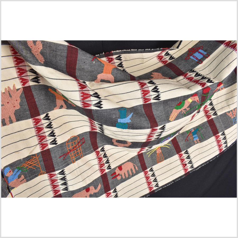 Unusual cream gray grid style cotton story quilt Naga tribal textile ethnic embroidered boho fabric Burma hill tribe tapestry Thailand India Hmong II226