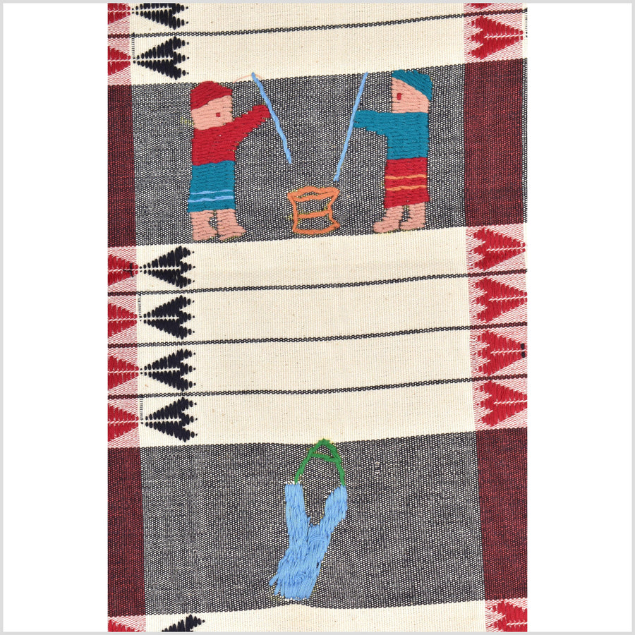 Unusual cream gray grid style cotton story quilt Naga tribal textile ethnic embroidered boho fabric Burma hill tribe tapestry Thailand India Hmong II226