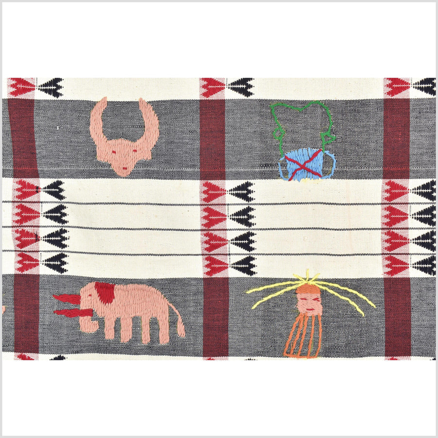 Unusual cream gray grid style cotton story quilt Naga tribal textile ethnic embroidered boho fabric Burma hill tribe tapestry Thailand India Hmong II226