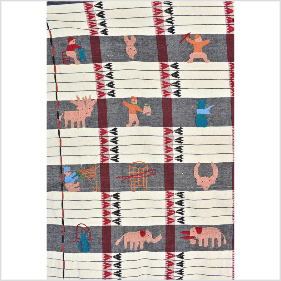 Unusual cream gray grid style cotton story quilt Naga tribal textile ethnic embroidered boho fabric Burma hill tribe tapestry Thailand India Hmong II226