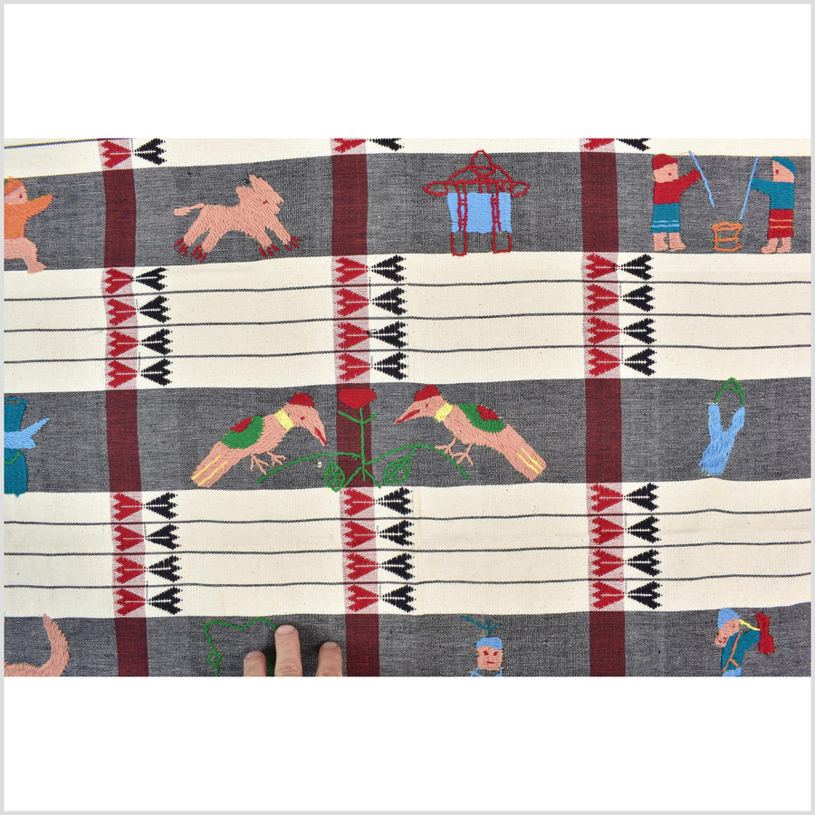 Unusual cream gray grid style cotton story quilt Naga tribal textile ethnic embroidered boho fabric Burma hill tribe tapestry Thailand India Hmong II226