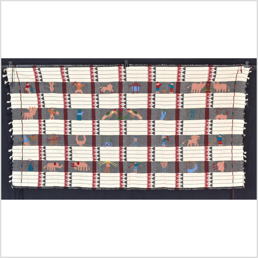Unusual cream gray grid style cotton story quilt Naga tribal textile ethnic embroidered boho fabric Burma hill tribe tapestry Thailand India Hmong II226