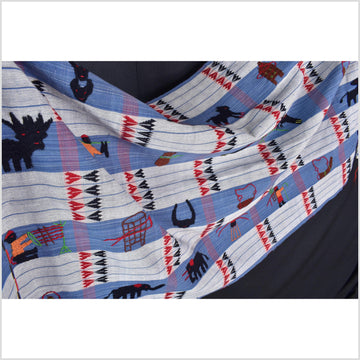 Unusual light blue grid style cotton story quilt Naga tribal textile ethnic embroidered boho fabric Burma hill tribe tapestry Thailand India Hmong II227