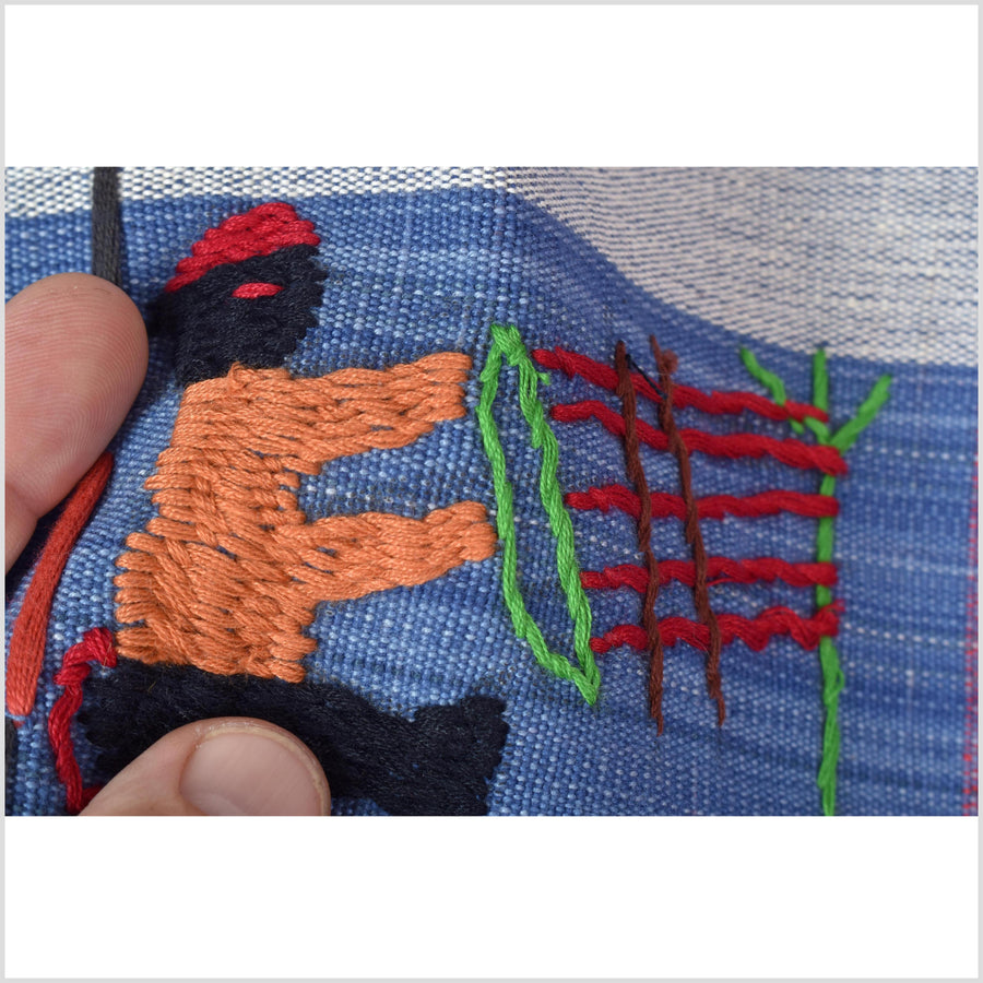 Unusual light blue grid style cotton story quilt Naga tribal textile ethnic embroidered boho fabric Burma hill tribe tapestry Thailand India Hmong II227
