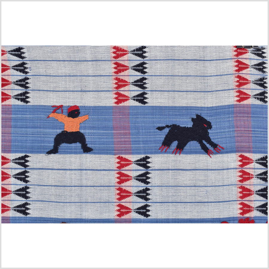 Unusual light blue grid style cotton story quilt Naga tribal textile ethnic embroidered boho fabric Burma hill tribe tapestry Thailand India Hmong II227
