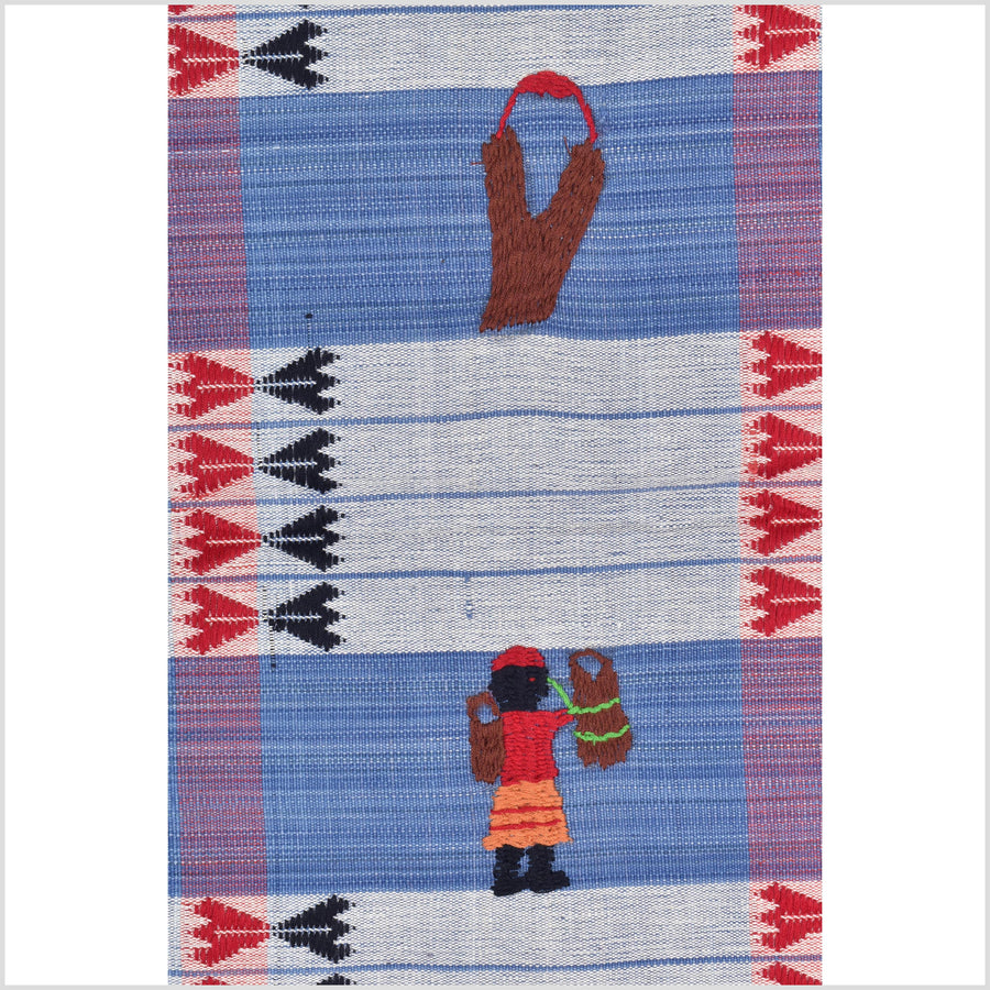 Unusual light blue grid style cotton story quilt Naga tribal textile ethnic embroidered boho fabric Burma hill tribe tapestry Thailand India Hmong II227