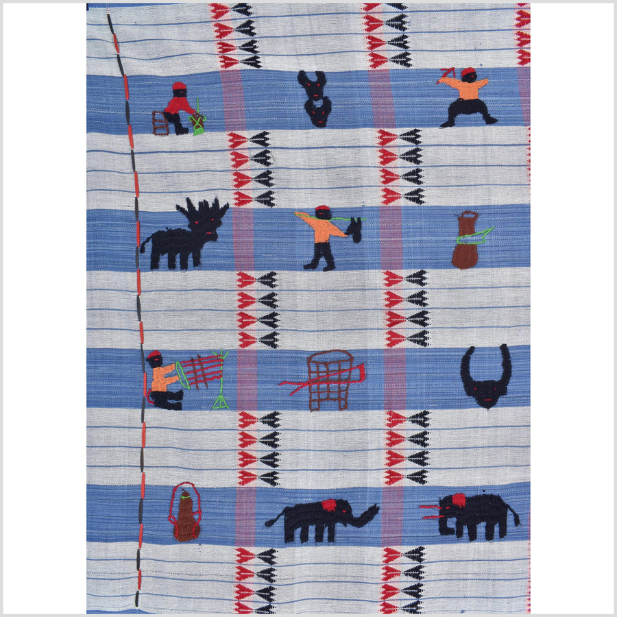 Unusual light blue grid style cotton story quilt Naga tribal textile ethnic embroidered boho fabric Burma hill tribe tapestry Thailand India Hmong II227