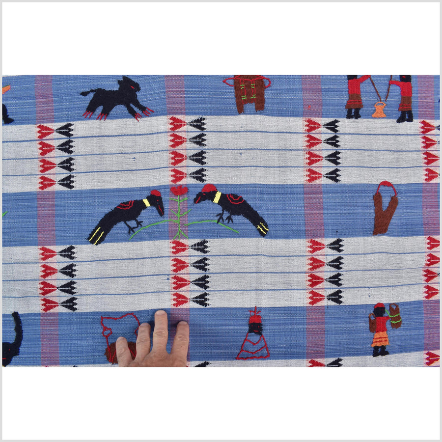 Unusual light blue grid style cotton story quilt Naga tribal textile ethnic embroidered boho fabric Burma hill tribe tapestry Thailand India Hmong II227