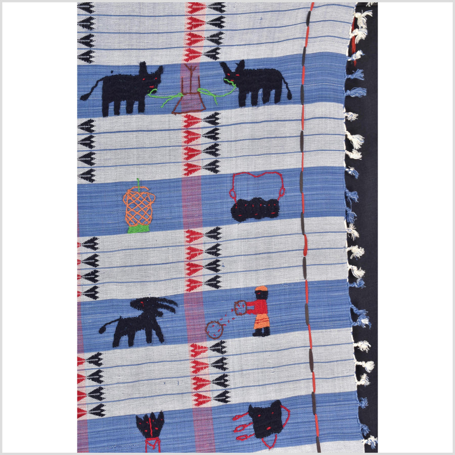 Unusual light blue grid style cotton story quilt Naga tribal textile ethnic embroidered boho fabric Burma hill tribe tapestry Thailand India Hmong II227