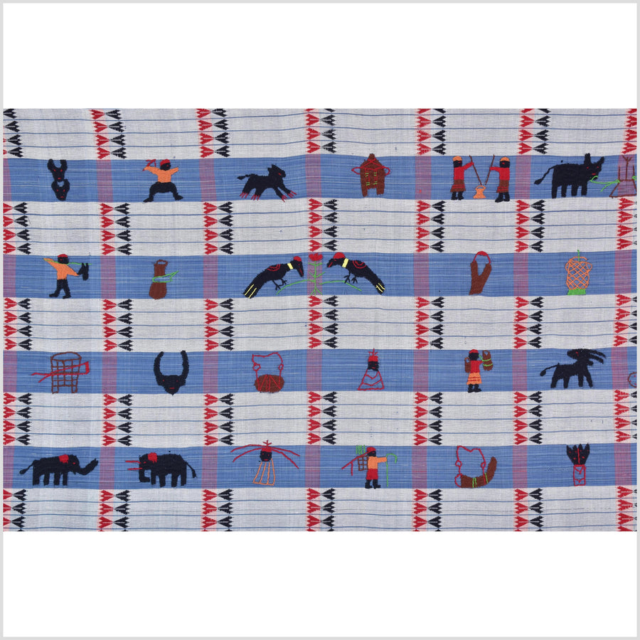Unusual light blue grid style cotton story quilt Naga tribal textile ethnic embroidered boho fabric Burma hill tribe tapestry Thailand India Hmong II227