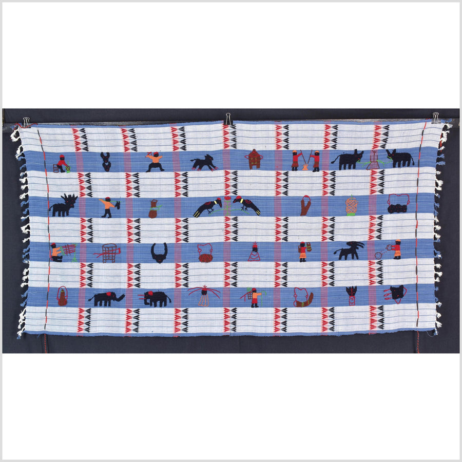 Unusual light blue grid style cotton story quilt Naga tribal textile ethnic embroidered boho fabric Burma hill tribe tapestry Thailand India Hmong II227