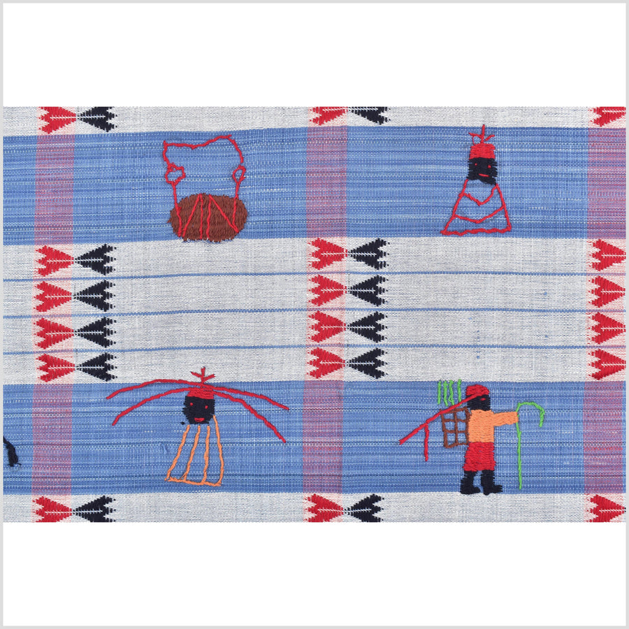 Unusual light blue grid style cotton story quilt Naga tribal textile ethnic embroidered boho fabric Burma hill tribe tapestry Thailand India Hmong II227