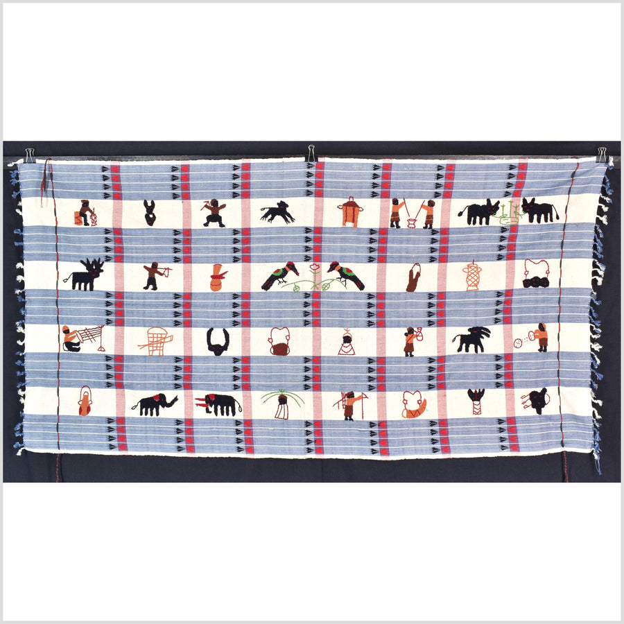 Unusual cream blue grid style cotton story quilt Naga tribal textile ethnic embroidered boho fabric Burma hill tribe tapestry Thailand India Hmong II228