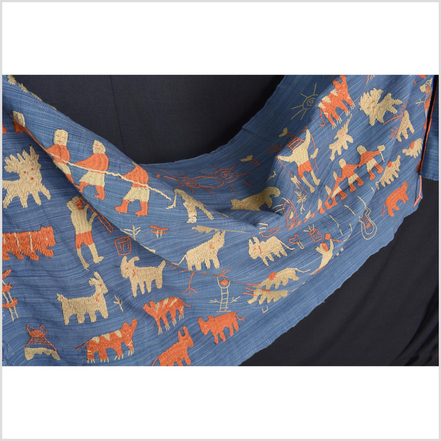 Cornflower blue special Naga tribal textile cotton story quilt, animals, totems, boho hilltribe tapestry Thailand India ii229