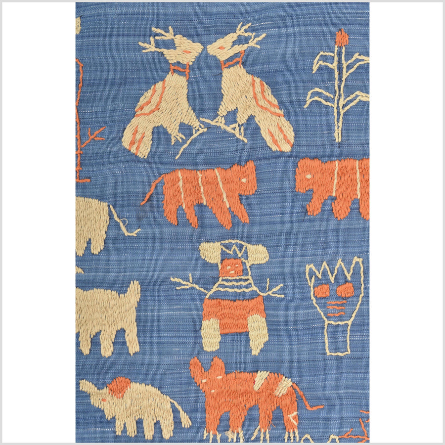 Cornflower blue special Naga tribal textile cotton story quilt, animals, totems, boho hilltribe tapestry Thailand India ii229