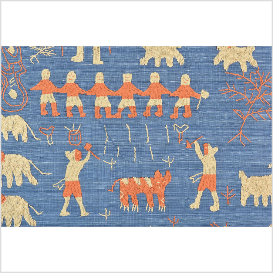 Cornflower blue special Naga tribal textile cotton story quilt, animals, totems, boho hilltribe tapestry Thailand India ii229