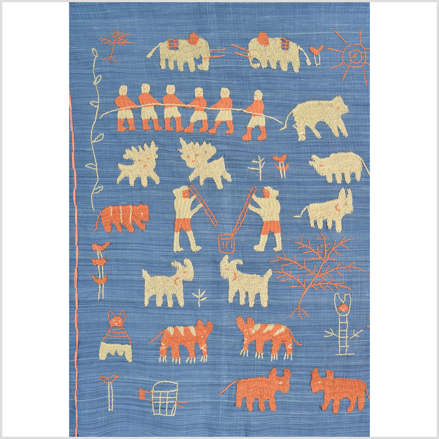 Cornflower blue special Naga tribal textile cotton story quilt, animals, totems, boho hilltribe tapestry Thailand India ii229
