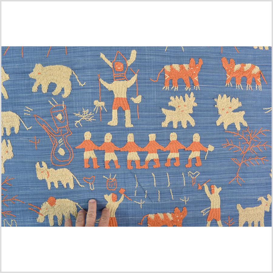 Cornflower blue special Naga tribal textile cotton story quilt, animals, totems, boho hilltribe tapestry Thailand India ii229