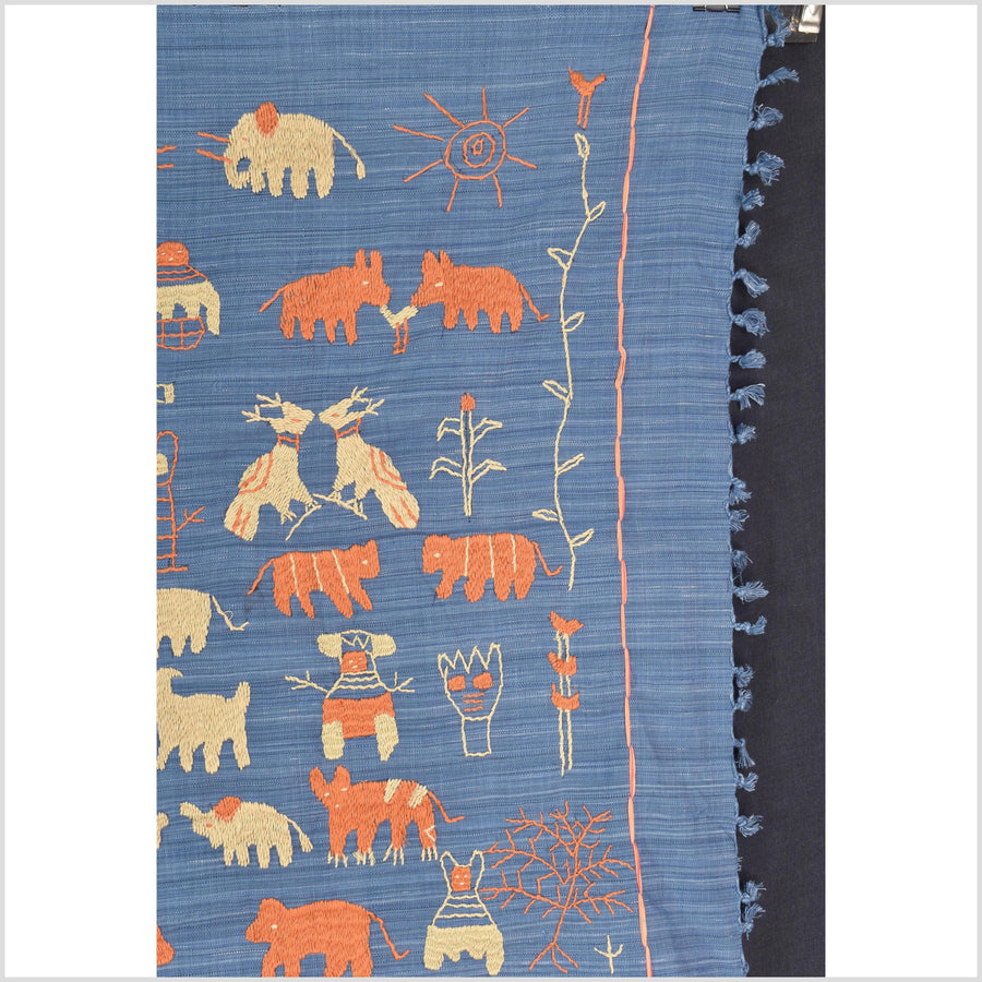 Cornflower blue special Naga tribal textile cotton story quilt, animals, totems, boho hilltribe tapestry Thailand India ii229