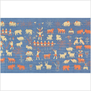 Cornflower blue special Naga tribal textile cotton story quilt, animals, totems, boho hilltribe tapestry Thailand India ii229