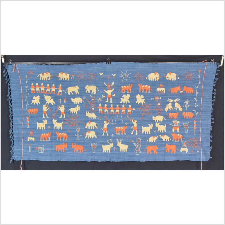 Cornflower blue special Naga tribal textile cotton story quilt, animals, totems, boho hilltribe tapestry Thailand India ii229