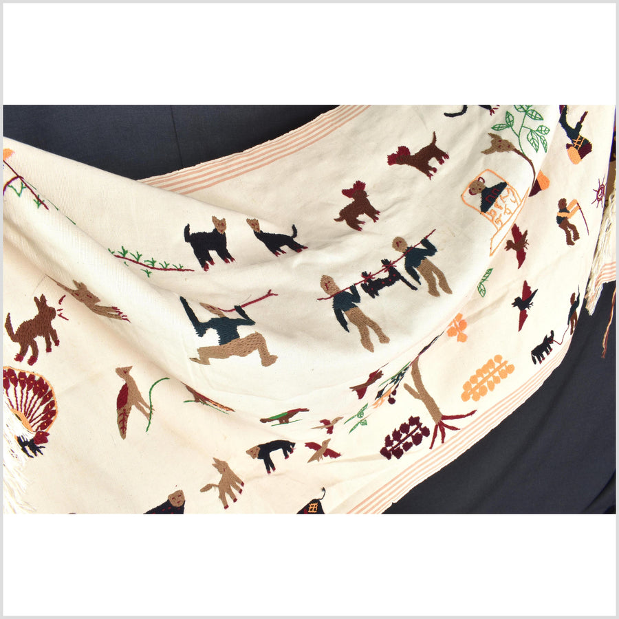 Caramel & off-white cotton story quilt Naga tribal textile ethnic embroidered boho fabric Burma hill tribe tapestry Thai India ii233
