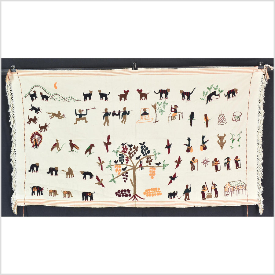 Caramel & off-white cotton story quilt Naga tribal textile ethnic embroidered boho fabric Burma hill tribe tapestry Thai India ii233