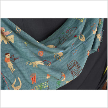 Teal cotton story quilt Naga tribal textile ethnic embroidered boho fabric Burma hill tribe tapestry Thailand India Hmong II234