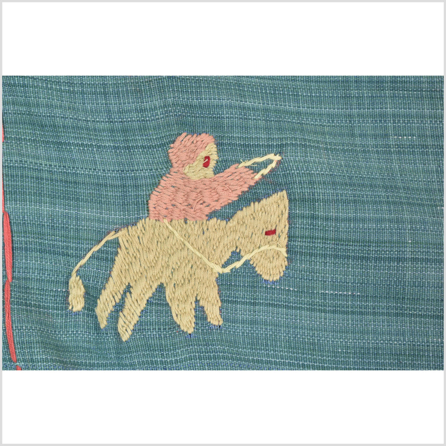 Teal cotton story quilt Naga tribal textile ethnic embroidered boho fabric Burma hill tribe tapestry Thailand India Hmong II234