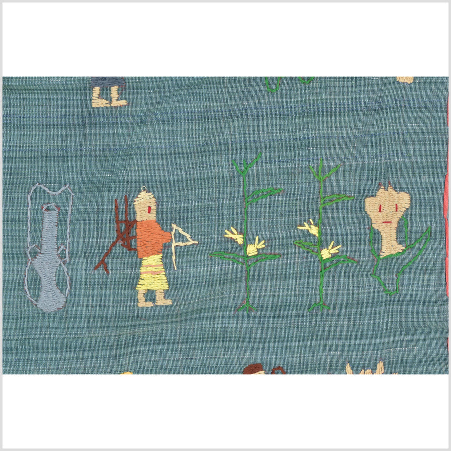 Teal cotton story quilt Naga tribal textile ethnic embroidered boho fabric Burma hill tribe tapestry Thailand India Hmong II234