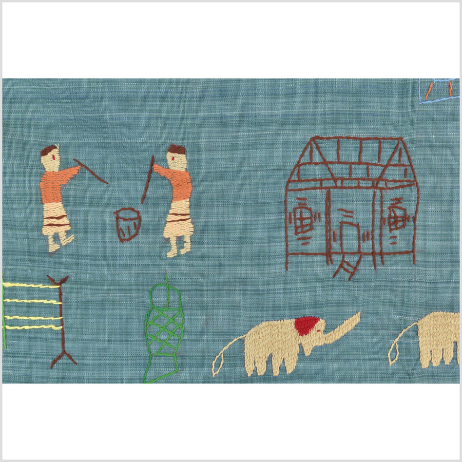 Teal cotton story quilt Naga tribal textile ethnic embroidered boho fabric Burma hill tribe tapestry Thailand India Hmong II234