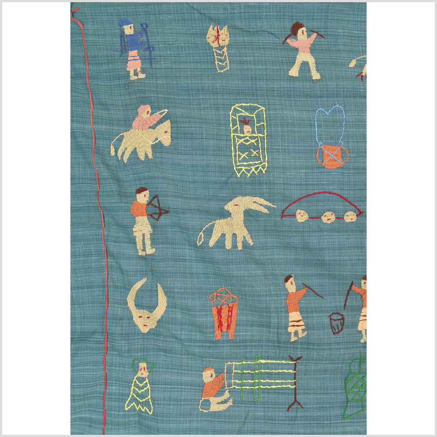Teal cotton story quilt Naga tribal textile ethnic embroidered boho fabric Burma hill tribe tapestry Thailand India Hmong II234