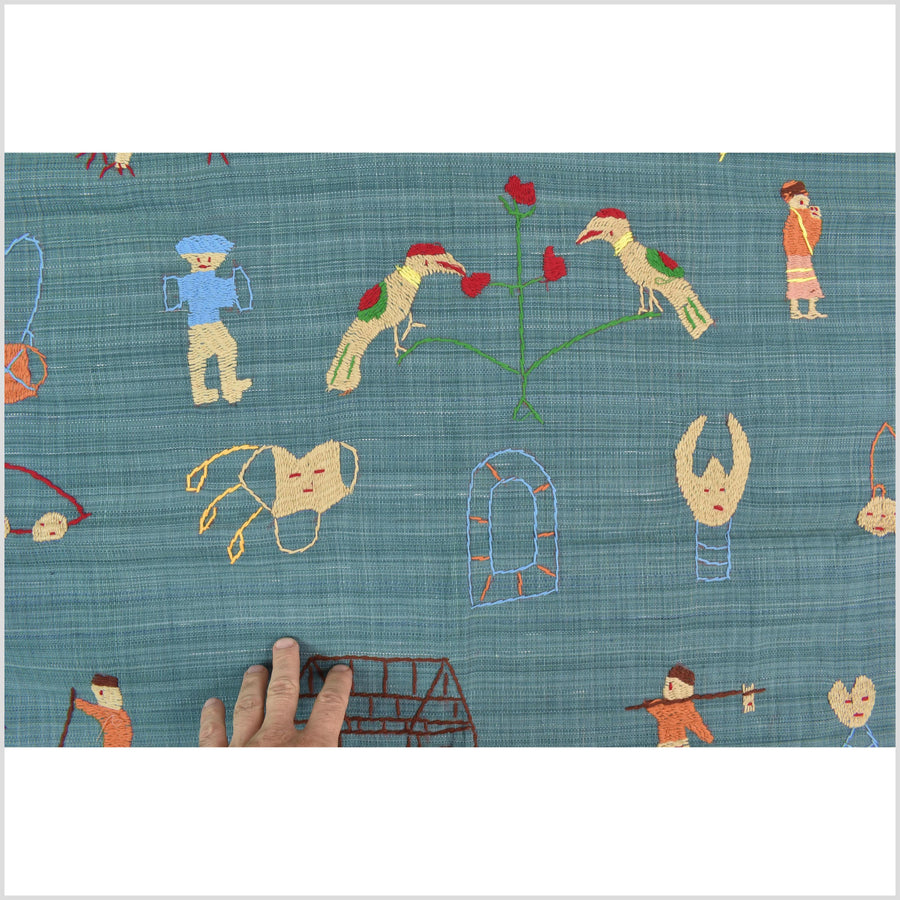 Teal cotton story quilt Naga tribal textile ethnic embroidered boho fabric Burma hill tribe tapestry Thailand India Hmong II234