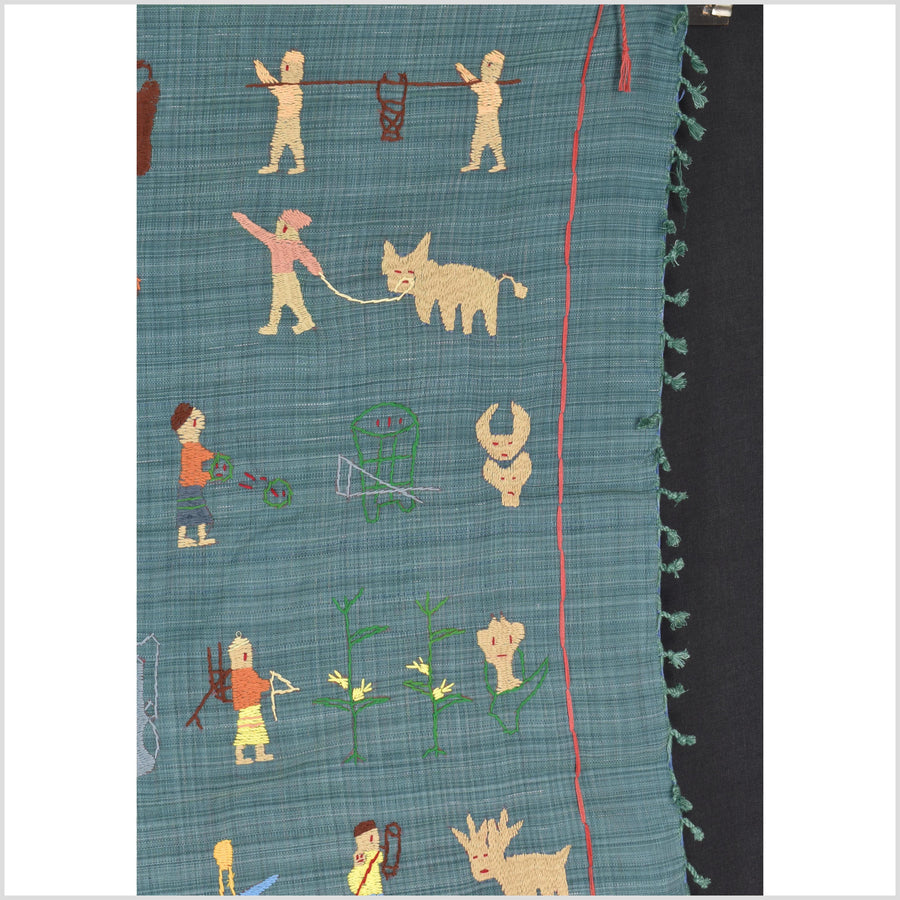 Teal cotton story quilt Naga tribal textile ethnic embroidered boho fabric Burma hill tribe tapestry Thailand India Hmong II234
