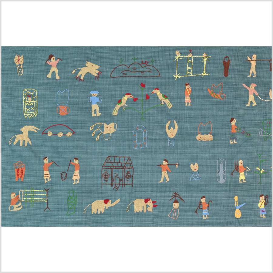 Teal cotton story quilt Naga tribal textile ethnic embroidered boho fabric Burma hill tribe tapestry Thailand India Hmong II234