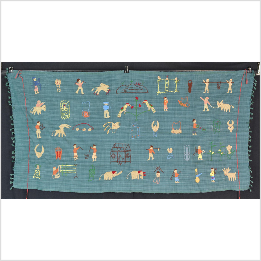 Teal cotton story quilt Naga tribal textile ethnic embroidered boho fabric Burma hill tribe tapestry Thailand India Hmong II234