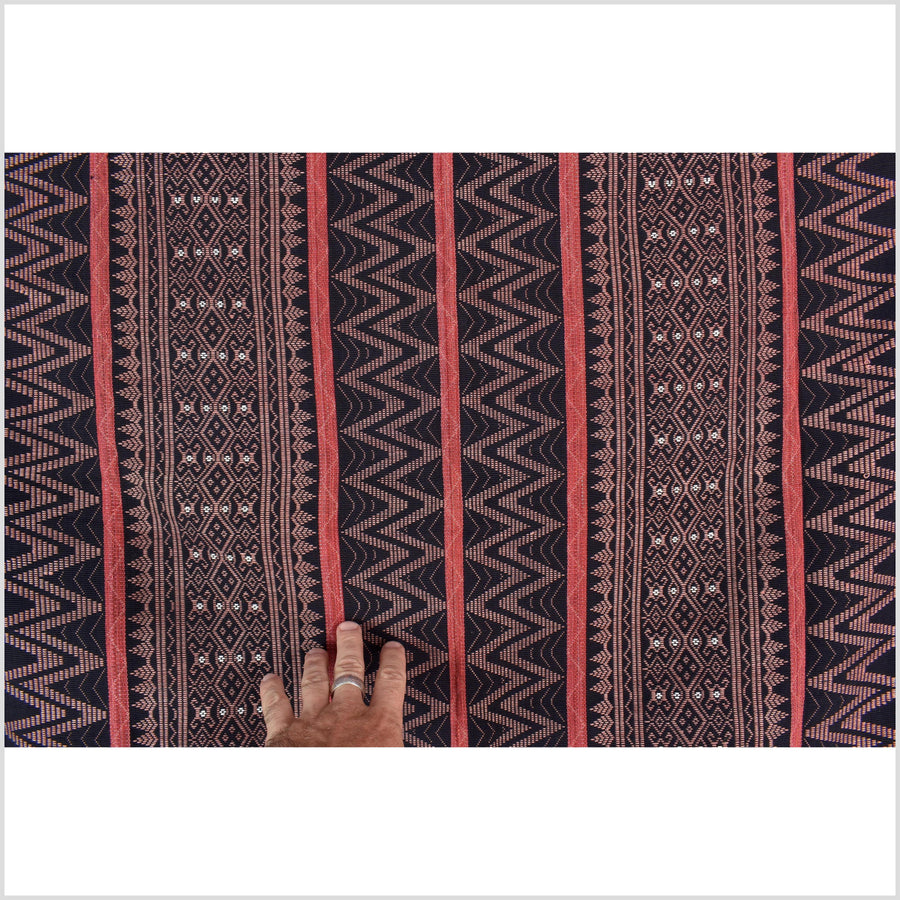 Tribal home decor ethnic Naga blanket unique, black, blush, red, handwoven cotton throw boho Thailand Burma India tapestry ii235