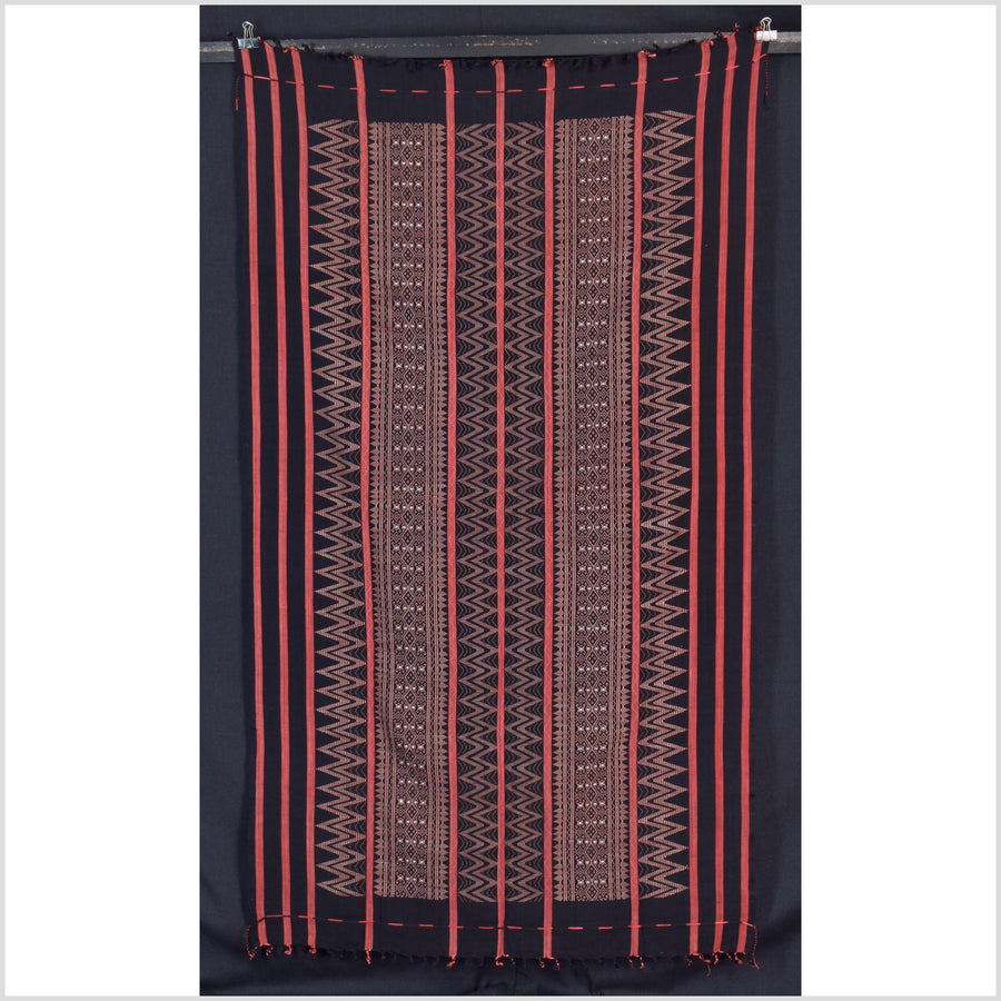 Tribal home decor ethnic Naga blanket unique, black, blush, red, handwoven cotton throw boho Thailand Burma India tapestry ii235