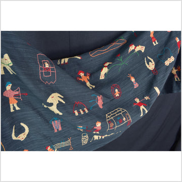Dark indigo blue cotton story quilt Naga tribal textile ethnic embroidered boho fabric Burma hill tribe tapestry Thailand India Hmong II237