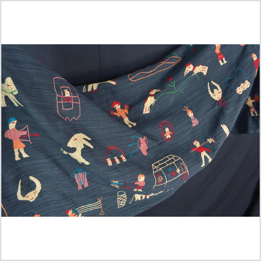 Dark indigo blue cotton story quilt Naga tribal textile ethnic embroidered boho fabric Burma hill tribe tapestry Thailand India Hmong II237