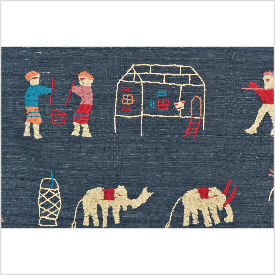 Dark indigo blue cotton story quilt Naga tribal textile ethnic embroidered boho fabric Burma hill tribe tapestry Thailand India Hmong II237
