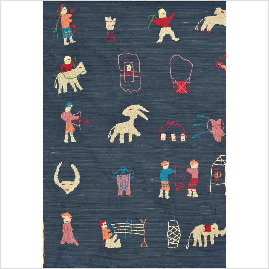 Dark indigo blue cotton story quilt Naga tribal textile ethnic embroidered boho fabric Burma hill tribe tapestry Thailand India Hmong II237
