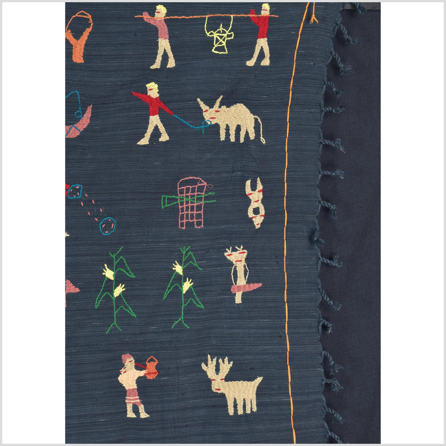 Dark indigo blue cotton story quilt Naga tribal textile ethnic embroidered boho fabric Burma hill tribe tapestry Thailand India Hmong II237