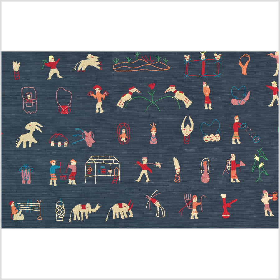 Dark indigo blue cotton story quilt Naga tribal textile ethnic embroidered boho fabric Burma hill tribe tapestry Thailand India Hmong II237
