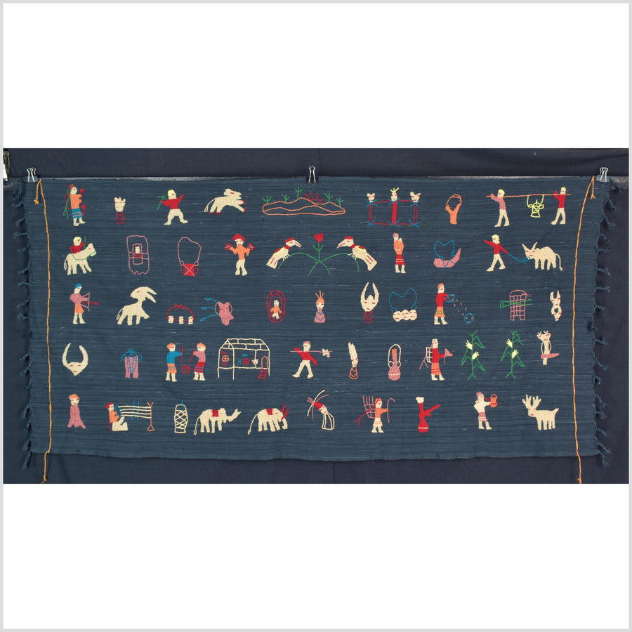Dark indigo blue cotton story quilt Naga tribal textile ethnic embroidered boho fabric Burma hill tribe tapestry Thailand India Hmong II237