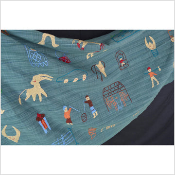 Teal cotton story quilt Naga tribal textile ethnic embroidered boho fabric Burma hill tribe tapestry Thailand India Hmong II238