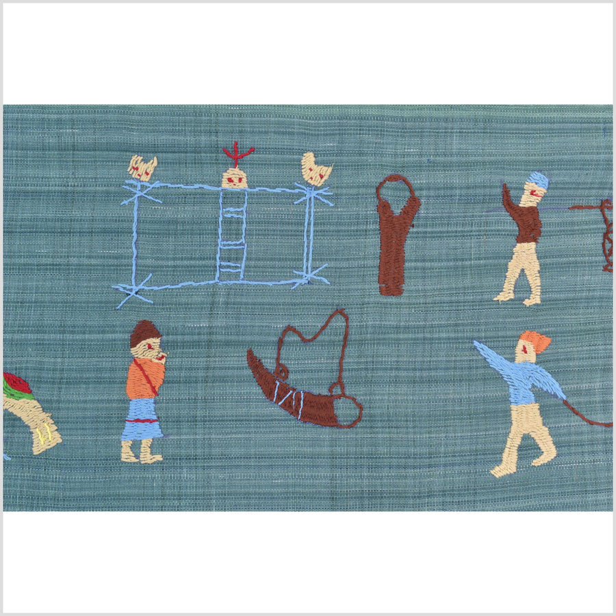 Teal cotton story quilt Naga tribal textile ethnic embroidered boho fabric Burma hill tribe tapestry Thailand India Hmong II238