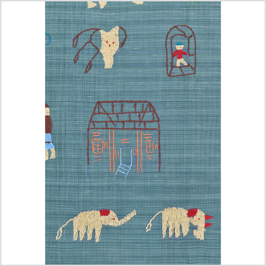 Teal cotton story quilt Naga tribal textile ethnic embroidered boho fabric Burma hill tribe tapestry Thailand India Hmong II238