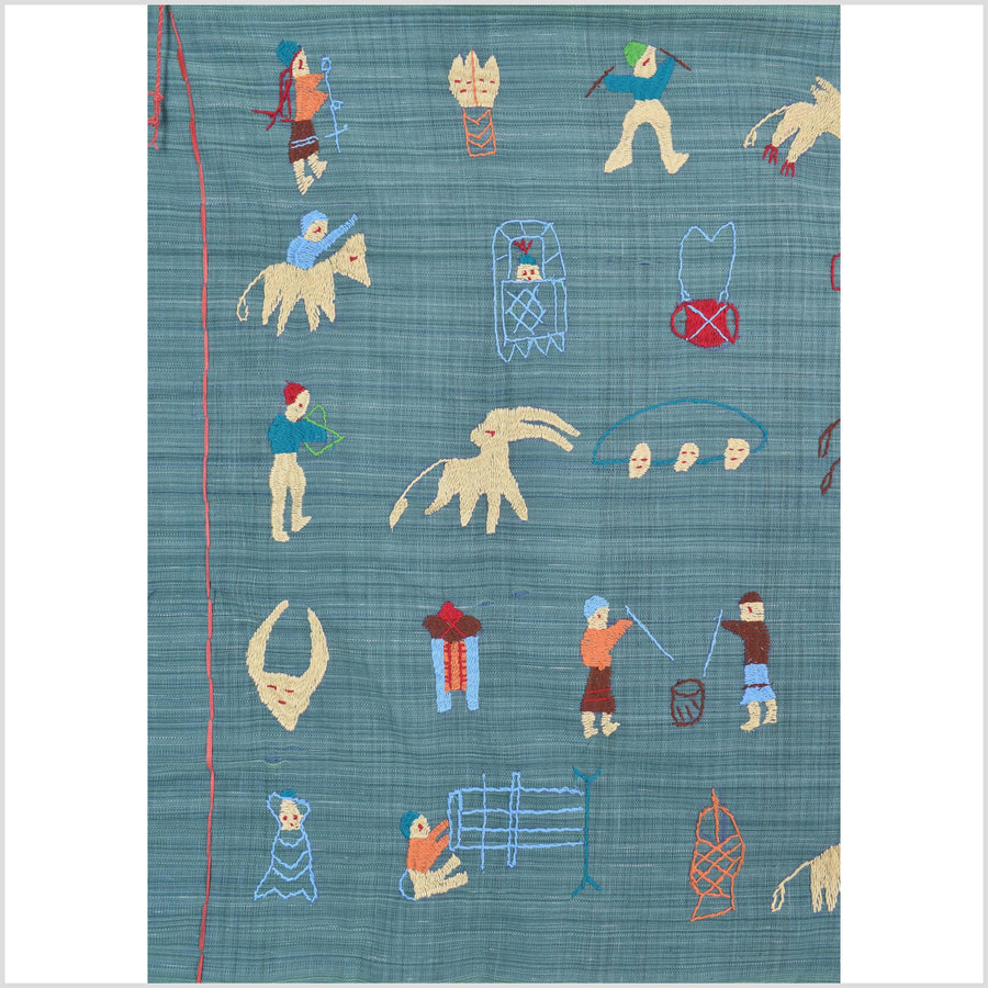 Teal cotton story quilt Naga tribal textile ethnic embroidered boho fabric Burma hill tribe tapestry Thailand India Hmong II238