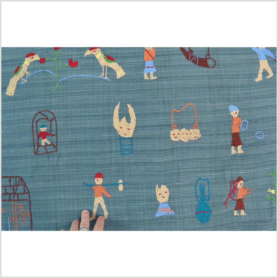 Teal cotton story quilt Naga tribal textile ethnic embroidered boho fabric Burma hill tribe tapestry Thailand India Hmong II238